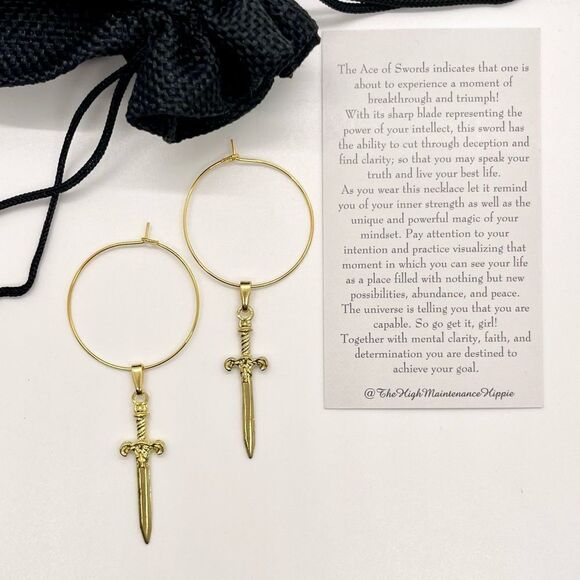 Large (30mm) Gold Drop Hoop Earrings with Excalibur Sword Pendants - Picture 2 of 2